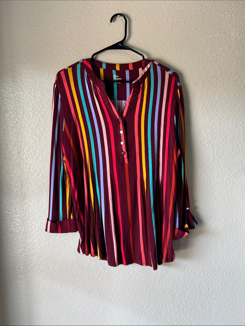 Kim Rogers Burgundy Multi-Stripe Henley Blouse Sz L boho Lightweight Chic